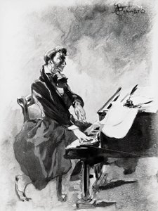 Kompositören och pianisten Frederic Chopin spelar piano, av Albert Besnard (1849-1934), akvarell av Paul Albert Besnard