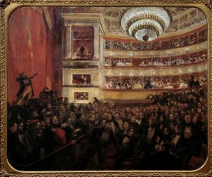 Premiären av Hernani Premiärrepresentation av stycket "" Hernani"" av Victor Hugo (1802-1885) på Comedie Francaise den 25/02/1830. Målning av Paul Albert Besnard (1849-1934) 1800-talets sön. 1,05x1,22 m Paris, hus Victor Hugo