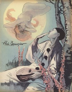 Pierrot blåser en kyss mot en vision av en naken kvinna (färg litho)