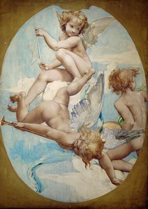 Ovala paneler i den stora foajén visar putti med musikinstrument: trumpet, triangel och cymbaler ... av Paul Baudry