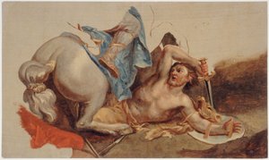 Studie av en fallen häst och ryttare, efter Le Brun (olja på papper)