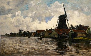 Holland, flodlandskap med två väderkvarnar (olja på trä)