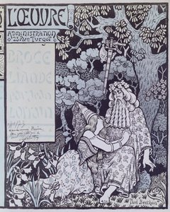 Trollkarlen Merlin och älvan Vivien i Broceliandeskogen, från "Broceliande", en pjäs av Jean Lorrain (1855-1906) ca 1900 (träsnitt)
