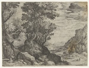 Bergslandskap med en bedjande eremit av Paul Bril