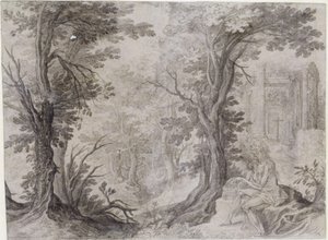 Den heliga Maria Magdalena i ensamheten. Den utmärglade botgörerskan sitter på en höjd och håller en korg bredvid sig. Ovanför henne i bakgrunden finns ett förfallet litet rundtempel, en fri kopia av Sibyllatemplet i Tivoli, med ett kors framför. I Mi av Paul Bril