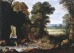 Skogslandskap med nymfer och satyrer av Paul Bril