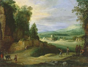 Landskap med män som spelar "Mail à la Chicane" av Paul Bril