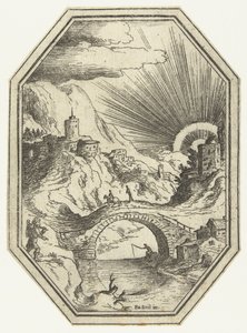 Landskap med stenbro i åttakantig ram Octagonal Landscapes (serietitel) av Paul Bril