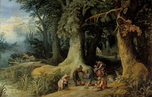 Vapenattack i en skog En grupp motorvägsbanditer. Målning av Paul Bril (Brill) (1554-1626)