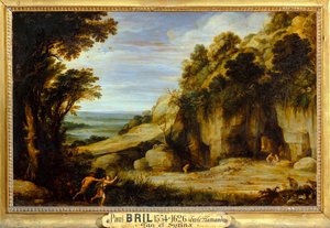 La Nymphe Syrinx poursuivie par Pan et bientôt changee en roseau - Nymfen Syrinx jagad av guden Pan och snart förvandlad till... av Paul Brill or Bril