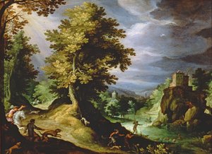 Landskap med en hjortjakt, 1591