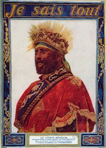 Porträtt av Etiopiens Negus, Menelik II (1844-1913), illustration från tidskriften Je Sais Tout, ca 1900 av Paul Buffet