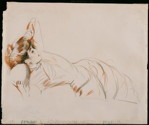 En elegant dam liggande av Paul Cesar Helleu