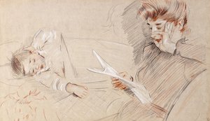 Madame Helleu Reading, med Paulette som ligger bredvid henne på en soffa, av Paul Cesar Helleu