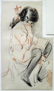 Paulette läser sittande på sin leksakshund (färgpenna på papper) av Paul Cesar Helleu