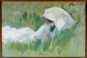 Porträtt av Madame Helleu, målarens hustru, i gräset Målning av Paul Cesar Helleu (1859-1927) före 1927, olja på duk, Dim. 0,54x0,81 m Rouen, musee des Beaux Arts - Porträtt av Madame Helleu, målarens hustru, liggande i gräset. Målning b av Paul Cesar Helleu