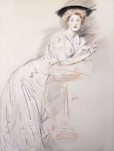 Porträtt av fröken Taylor lutad på ett bord, av Paul Cesar Helleu