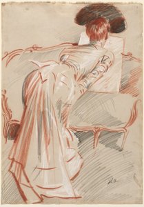Kvinna (möjligen Madame Alice Hellu) tittar på en teckning, ca 1895 (svart, röd och vit krita) av Paul Cesar Helleu