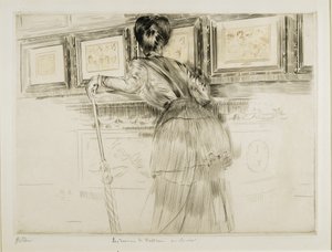 Kvinna tittar på Watteau-teckningar i Louvren, ca 1895 av Paul Cesar Helleu
