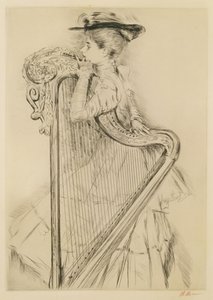 Kvinna med en harpa (torrnål) av Paul Cesar Helleu