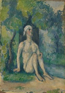 Badare sitter vid vattnet av Paul Cezanne
