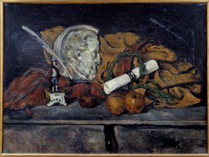 Cezannes tillbehör. Stilleben med medaljong av Philippe Solari Målning av Paul Cezanne (1839-1906) 1873 Sön. 0,6x0,8 m Paris, musee d