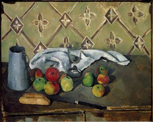 Frukt, servett och mjölklåda - Olja på duk av Paul Cézanne
