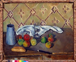 Frukt, handduk, bröd och mjölklåda Målning av Paul Cezanne (1839-1906) 1880 Sön. 0,6x0,73 m Paris, Musee de l