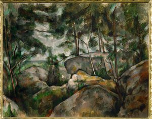 Stenar i skogen (målning på duk) av Paul Cezanne