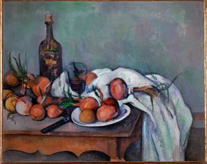 Stilleben med lökar (olja på duk) av Paul Cezanne