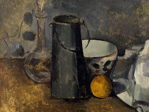 Stilleben med karaff, mjölkburk, skål och apelsin av Paul Cézanne
