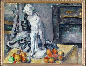 Stilleben med statyett (olja på duk) av Paul Cezanne