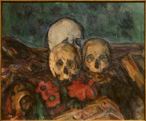 Tre skinn på en orientalisk matta Målning av Paul Cezanne (1839-1906) 1898 Solothurn. Konstmuseum. - Tre dödskallar på en orientalisk matta. Målning av Paul Cezanne (1839-1906) av Paul Cézanne