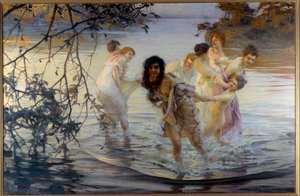 Glada ebats Unga kvinnor rundar i vattnet. Målning av Paul Chabas (1869-1937) 1899 Nantes, Museum of Fine Arts