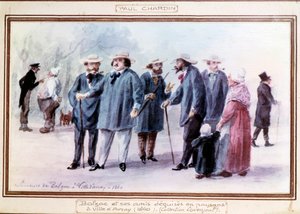 Den franske författaren Honore de Balzac (1799-1850) och hans vänner utklädda till bönder i staden Avray 1840. Akvarell målad efter minnet av Paul Chardin (1833-?) av Paul Chardin