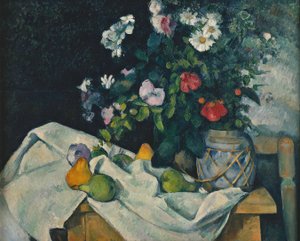 Blommor i en burk med ingefära och frukt av Paul Cézanne