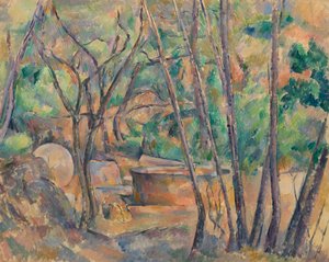 Kvarnsten och cistern under träd av Paul Cézanne