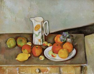 Stilleben: mjölkkanna och frukt på ett bord av Paul Cézanne