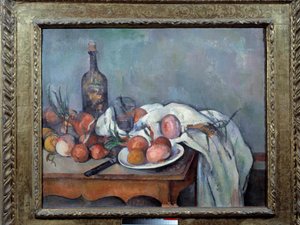 Stilleben med lök Målning av Paul Cezanne (1839-1906) 1895 Sön. 0,66x0,82 m. Paris, Musée d