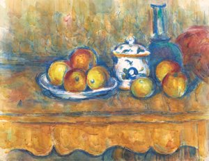 Stilleben med blå flaska, sockerskål och äpplen av Paul Cézanne