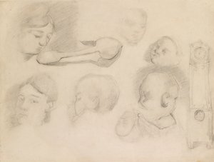 Studier av ett barns huvud, ett kvinnas huvud, en sked och en klocka med lång låda, c1872 av Paul Cézanne