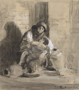 Sittande judisk kvinna från Gaza, med sitt barn och två stora kannor av Paul Delaroche
