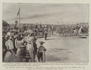 Den militära granskningen och inspektionen av New South Wales styrkor av guvernören Sir Robert Duff och generalmajor Hutton i Centennial Park, Sydney av Paul Destez