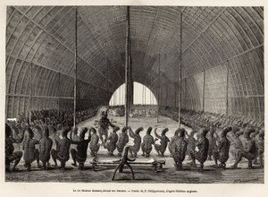 Mounza, kung av Mombouttous (Zaire), dansar framför sitt serail, bestående av 80 kvinnor, gravyr efter teckningen av P.Philippoteaux, som illustrerar en resa till hjärtat av Afrika, 1868-1871, av Dr. George Schweinfurth, publicerad i "" Le tour du m av Paul Dominique Philippoteaux
