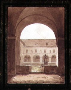 Utsikt över ett kloster med en brunn (sepia akvarell på papper) av Paul Emile Detouche