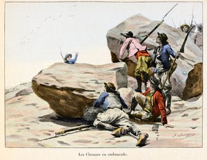 Chouannerie: Les Chouans en ambuscade, sent 1700-tal - Illustration av Emile Boutigny (1853-1929) I "" Hoche-Marceau-Desaix"" av Theodore Cahu (1854-1928) - Privat samling - Chouannerie: Illustration av Emile Boutigny (1853) -1929) för "Hoche-Marcea