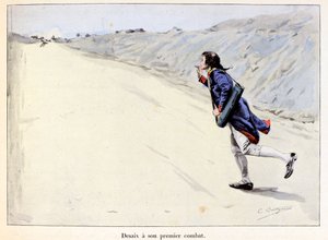 Desaix har sin första kamp: Charles Antoine Desaix de Veygoux (1768-1800) fångar en fånge i Landau in der Pfalz (Tyskland) medan armén drar sig tillbaka - illustration av Emile Boutigny (1853-1929) I "Hoche-Marceau-Desaix" av Theodore Cahu (1854-1928) - Pr