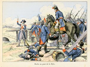 Hoche au pont de la Dyle: Mnamo Machi 1793, akifunika mafungo kwenye njia ya Dyle mbele ya Leuven (Ubelgiji), Lazare Hoche (1768-1797) alipigana na Waaustria - kielelezo cha Emile Boutigny (1853-1929) "Hoche-Marceau-Desaix" na Theodore swed av Paul Émile Boutigny