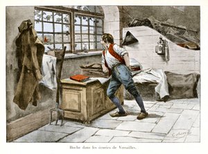 Skallra i Versailles stall: Lazare Hoche (1768-1797) gick in i det kungliga stallet vid 14 år gammal som supernumerär assistent - Illustration av Emile Boutigny (1853-1929) I "Hoche-Marceau-Desaix" av Theodore Cahu (1854-192) ) - Privat samling
