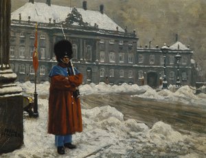 Ett kungligt livgarde i tjänst utanför det kungliga slottet Amalienborg, Köpenhamn,